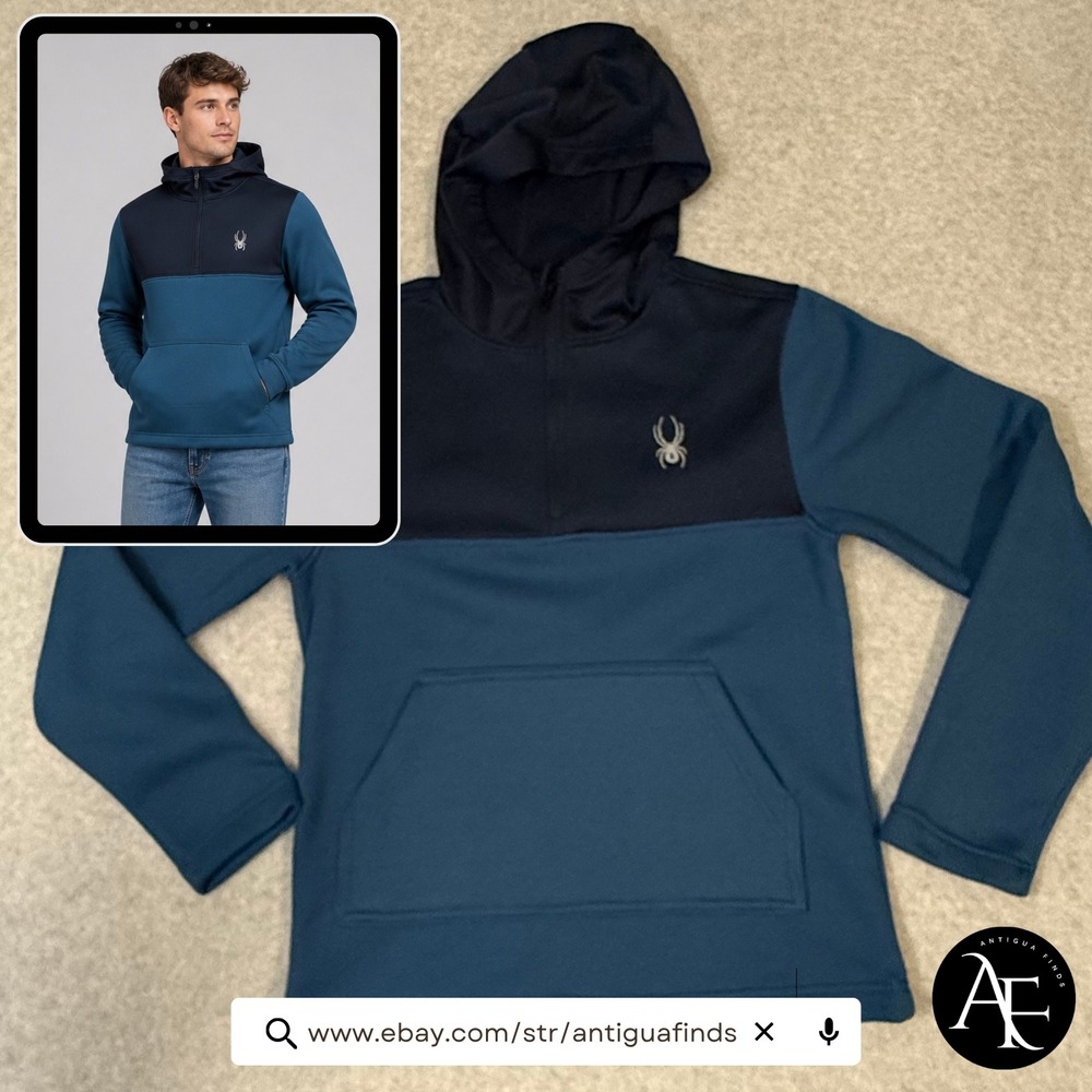 Spyder Mens Small Quarter Zip Hoodie Blue Colorblock Waffle Knit Fleece Pullover